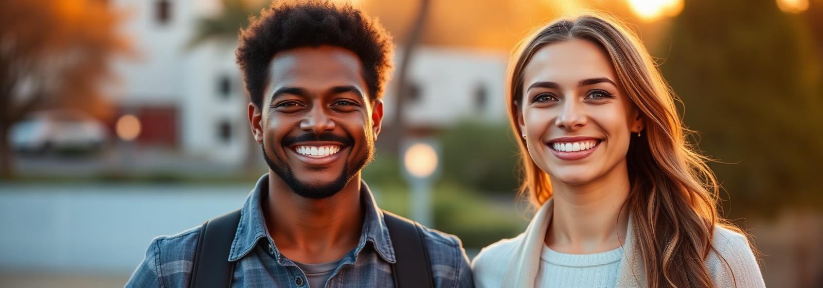 Two small business owners standing outside at sunset